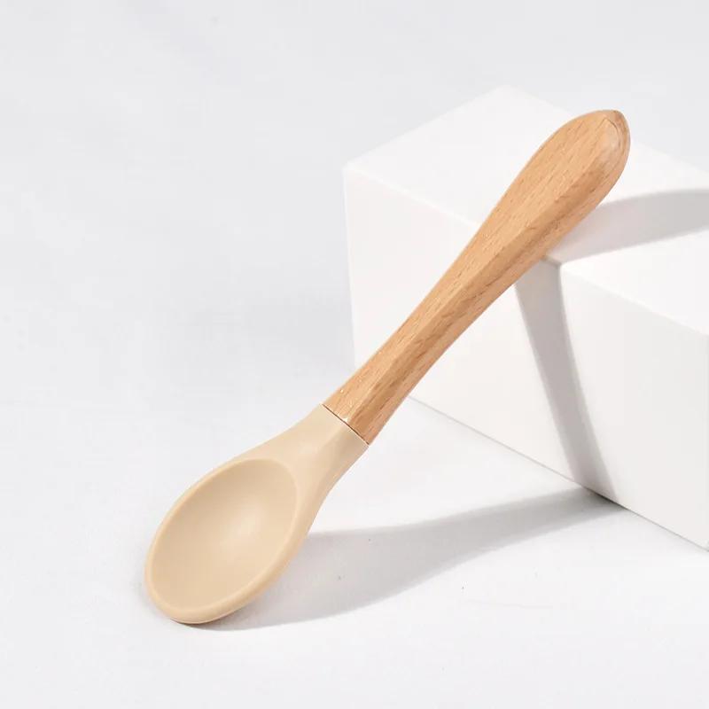 Spoons Baby Feeding Spoon Fork Wooden Handle Spoon Fork Set Soft Silicone Tip Spoon Fork BPA Free Food Grade Infant Toddlers