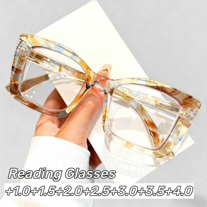 Large Square Transparent Anti Blue Light Reading Glasses Women Fashion Print Presbyopia Glasses with Plus Diopters