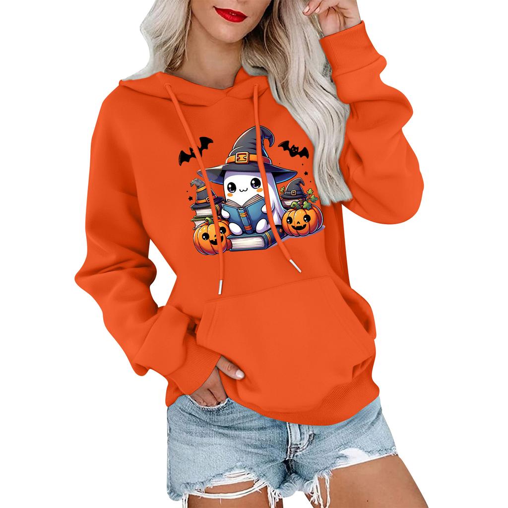 Dámský módní, ležérní, pohodlný svetr s kulatým výstřihem, s kapucí, s dlouhým rukávem, s halloweenským potiskem, hřejivý