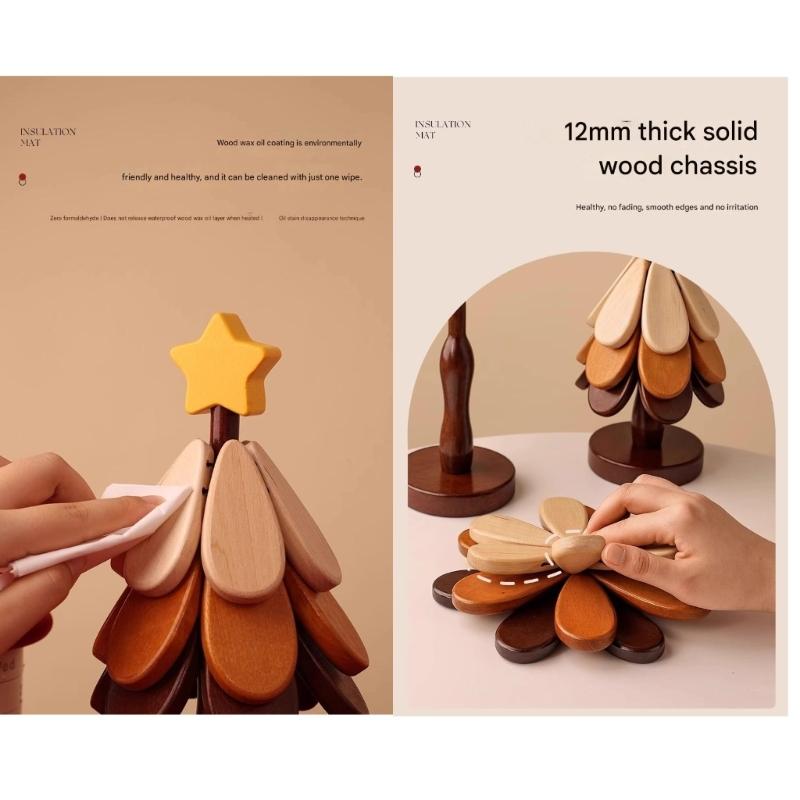 Wood Trivet Coasters Set Christmas Tree Shape Thermal Insulation Mats Kitchen Dining Table Pad Decoration Accessory