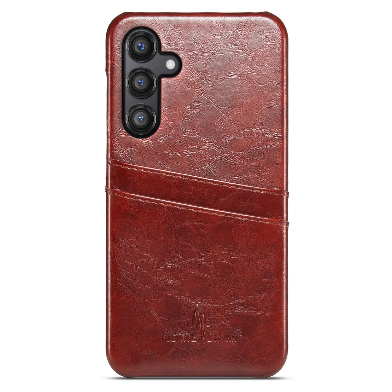 

FIERRE SHANN For Samsung Galaxy S25+ Case Waxy PU Leather+PC Card Holder Phone Cover Brown