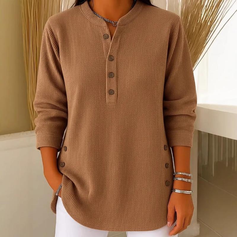 Women's Ribbed Knit Henley Top Long Sleeve Relaxed Fit Tunic with Side Buttons
