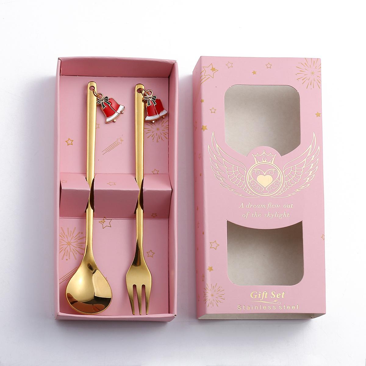 J Stainless Steel Christmas Spoon and Fork Creative Cartoon Christmas Dessert Spoon Coffee Spoon Dessert Fork Six-piece Gift Box Set