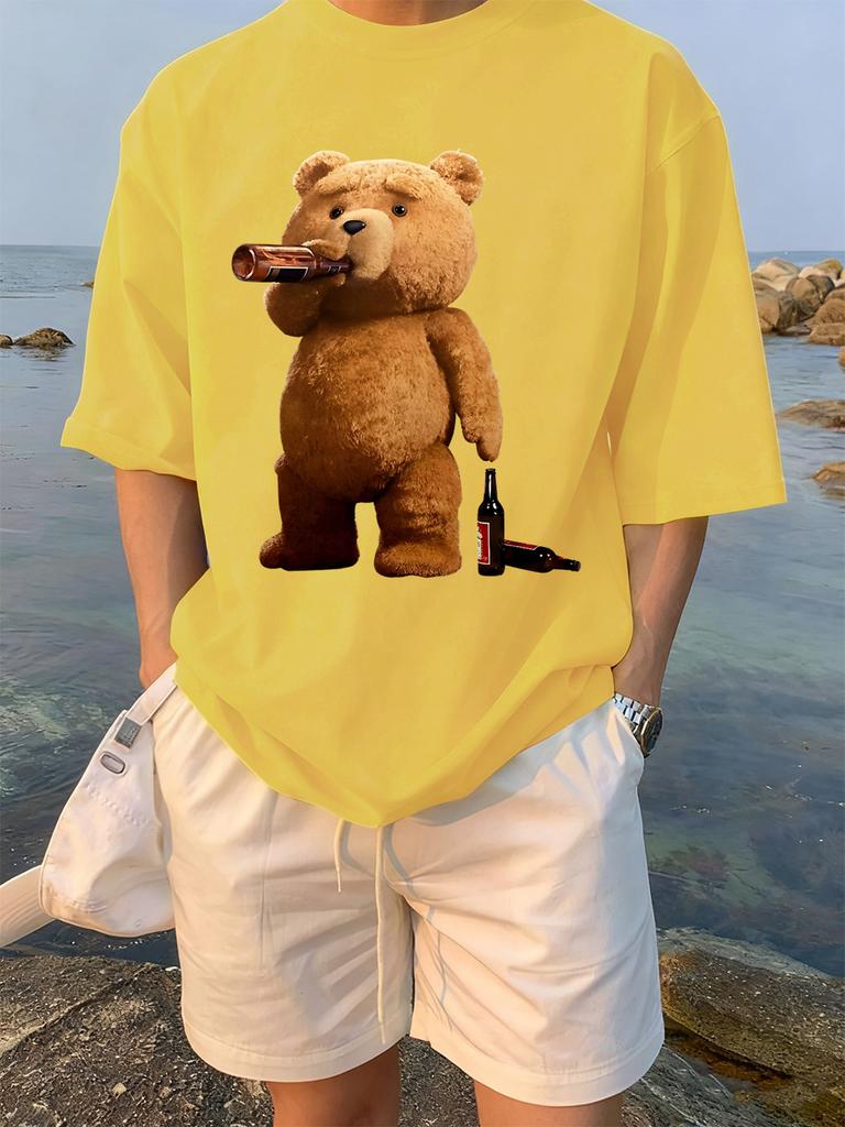 The Melancholic Bear Drinking Printing TShirt Women Cotton Summer T Shirt Comfortable Loose ONeck Tops Street Woman Clothes