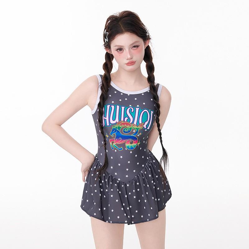 Retro Star Print One-piece Swimsuit Women's Slim Slim-fitting Belly-covering Slim-looking Conservative Cartoon Hot