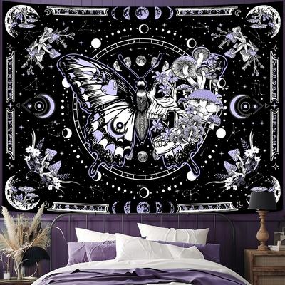1pc Black Skull Butterfly Printed Tapestry Reusable Dustproof Oversized Tapestry for Birthiday Gift Home Party Wall Decoration