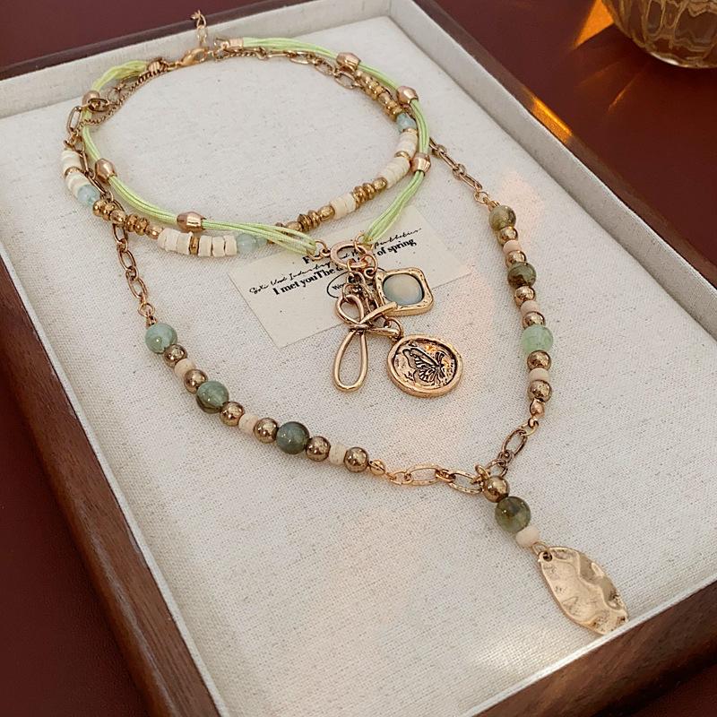 Retro wood bead leaf bow multi-layer necklace niche ethnic style necklace decoration