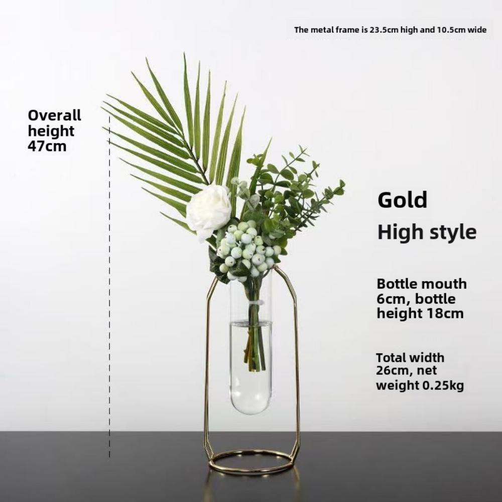Gold Vase Metal Frame Modern Creative Hydroponic Vase Home Living Room Decoration Flower Arrangement Dried Flower Decoration Table Potted Vase