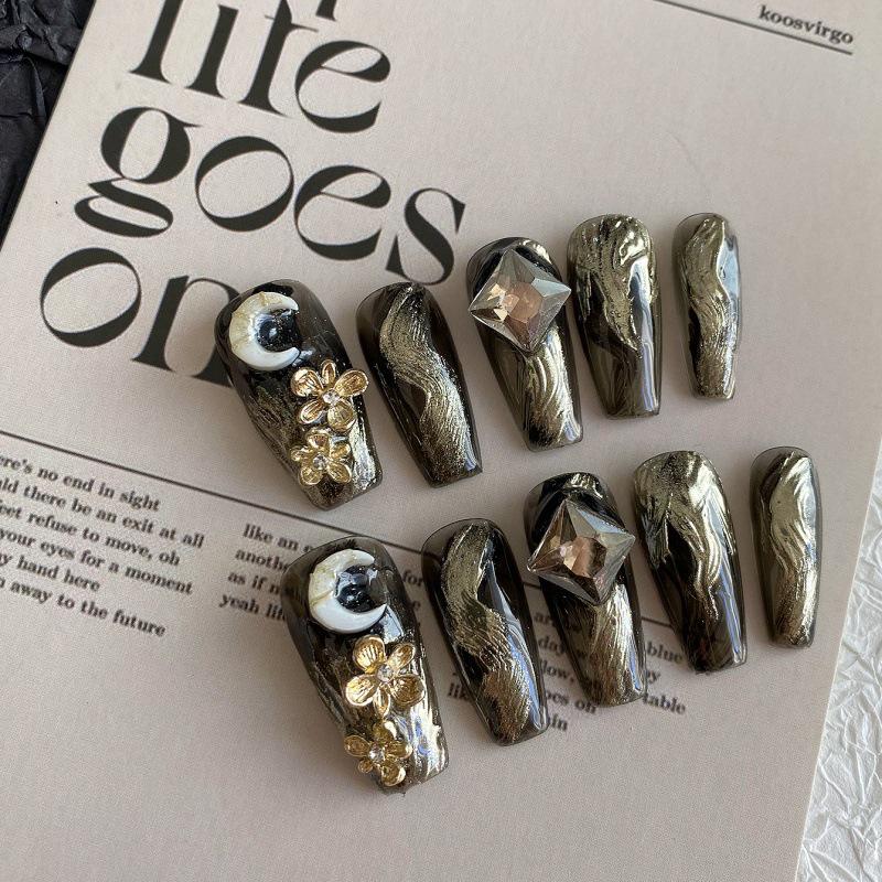 Purely Handmade Elegant Black Velvet Luxury Long Nail Art S