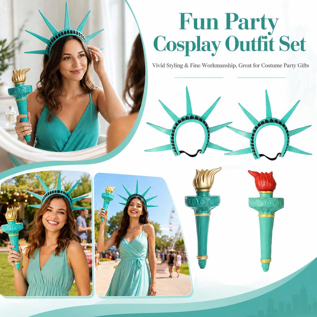 Statue of Liberty Costume Headband and Torch Prop Set for Holiday Themed Dress Up and Party Accessories