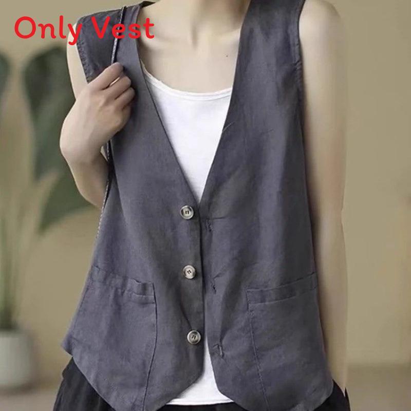 Women Loose Fit Short Linen Vest With Button Detail And V Neck Summer Casual Wear