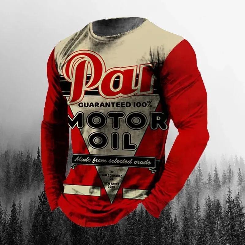 Vintage Men's T-shirt Long Sleeve Biker Tops Tees 3D Oil Print Motorcycle T Shirt Oversized Loose Texaco Man Tshirt
