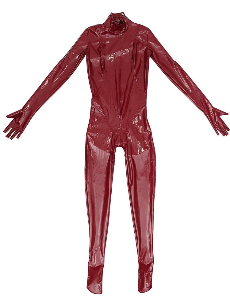 Tuta in Finta Lattice Colore Caramella Bodysuit in PVC Elastico Lucido Guanti a Mezza Dita Collant Sexy Modellante Body con Zip all'Incrotch