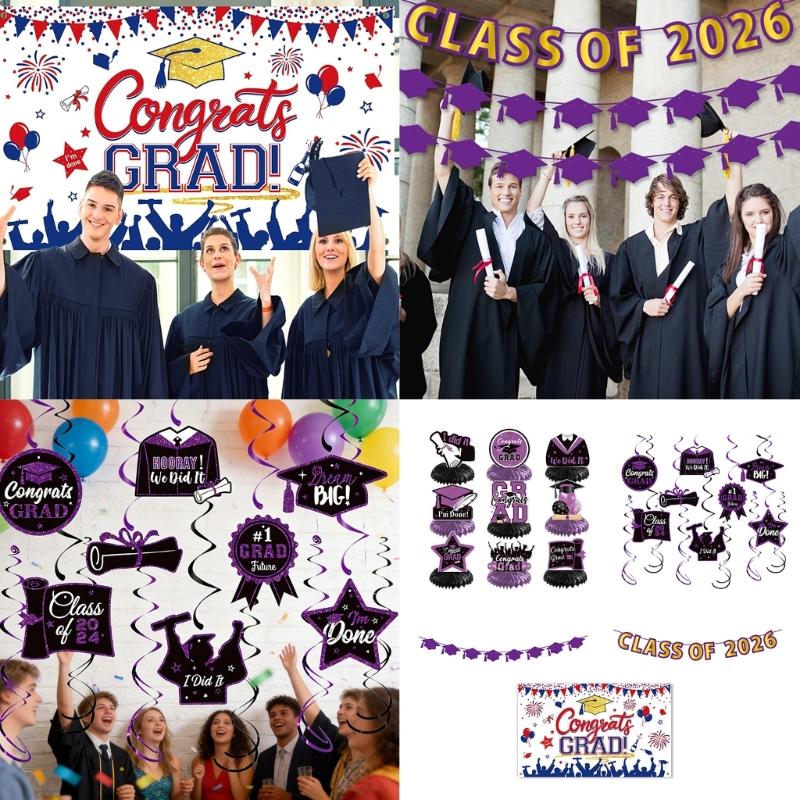 DIY Graduations Celebration Set With Hanging Banners And Honeycomb Paper Decorations Twist Cell Background