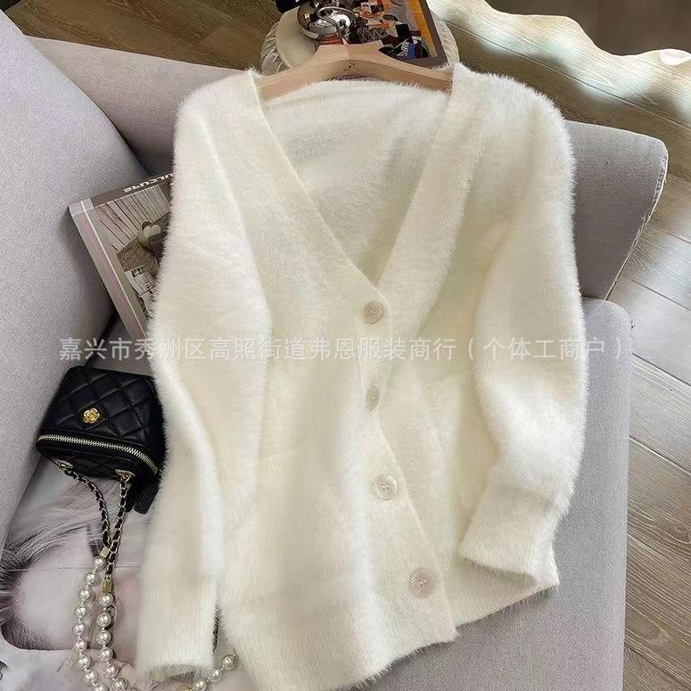White Imitation Mink Sweater Cardigan Women's Autumn and Winter New Soft Top Thickened Loose Lazy Wind Knitted Sweater Jacket