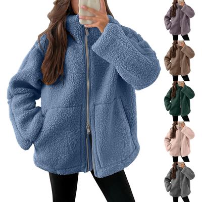 Women's Plush Jacket Casual Long Sleeve Oversized Warm Double Zipper Winter Teddy Coat