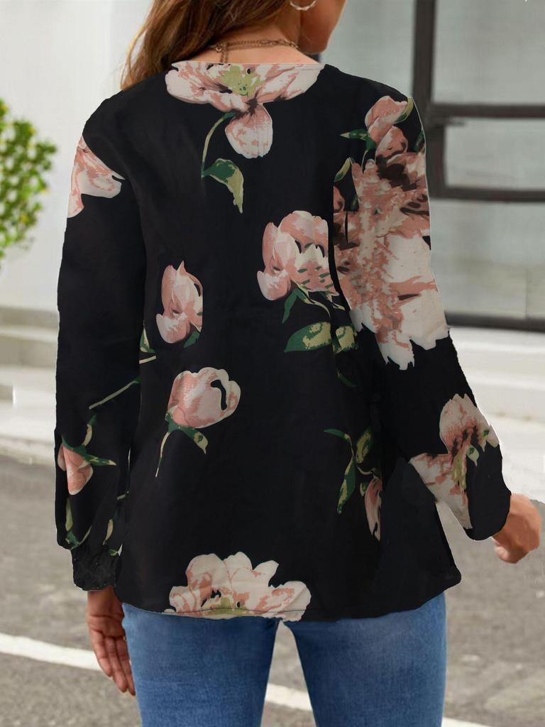 2024 Women's Muslim Floral Bubble Sleeve Blouse