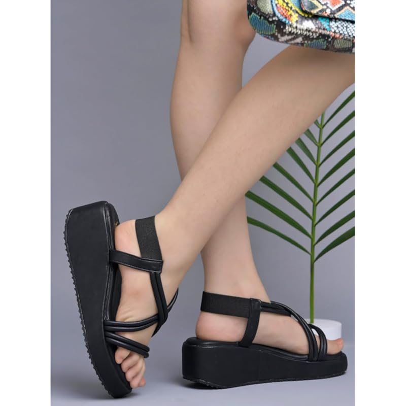 Shoetopia WomenS & Girls Black Wedges Sandal  Solid Criss-Cross Strap Design  Stylish, Comfortable, Durable Heels  Perfe