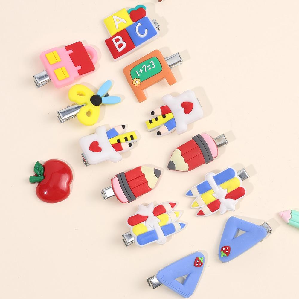 12Pcs Novelty Stationery Hair Clips Cute School Supplies Design Rubber Hairpins For Girls Kids Learning Headwear Accessories