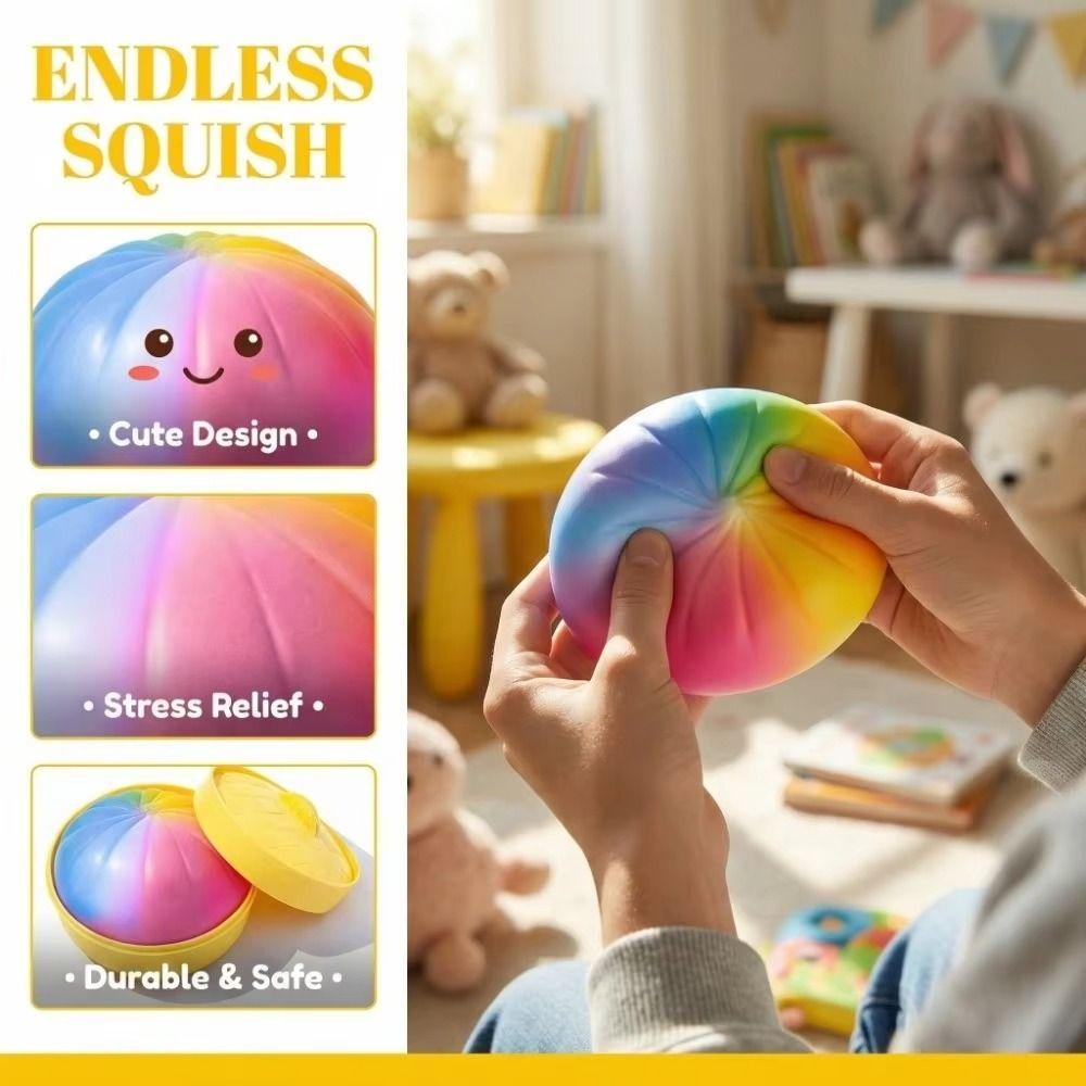 Soft Cute Steamed Bun Squeeze Toy Rainbow Color With Steamer Steamed Bun Squishy Toy Squeezable Food Shape Fidget Sensory Toy