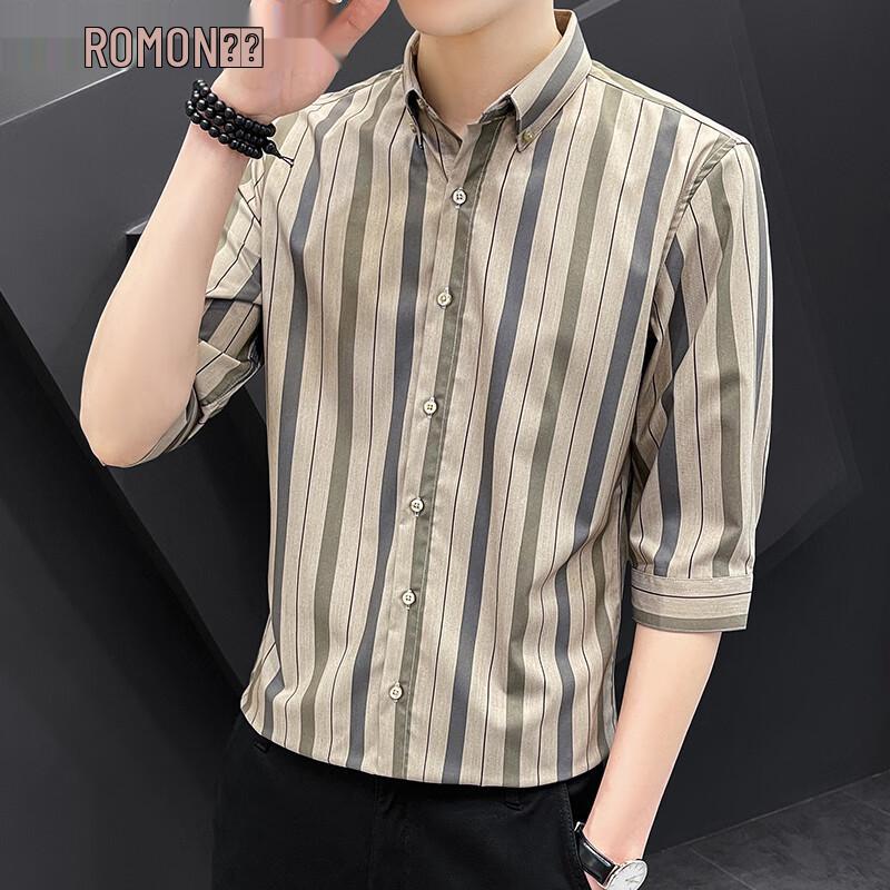 ROMON Men s Slim-Fit Striped Seven-Quarter Sleeve Shirt 4XL