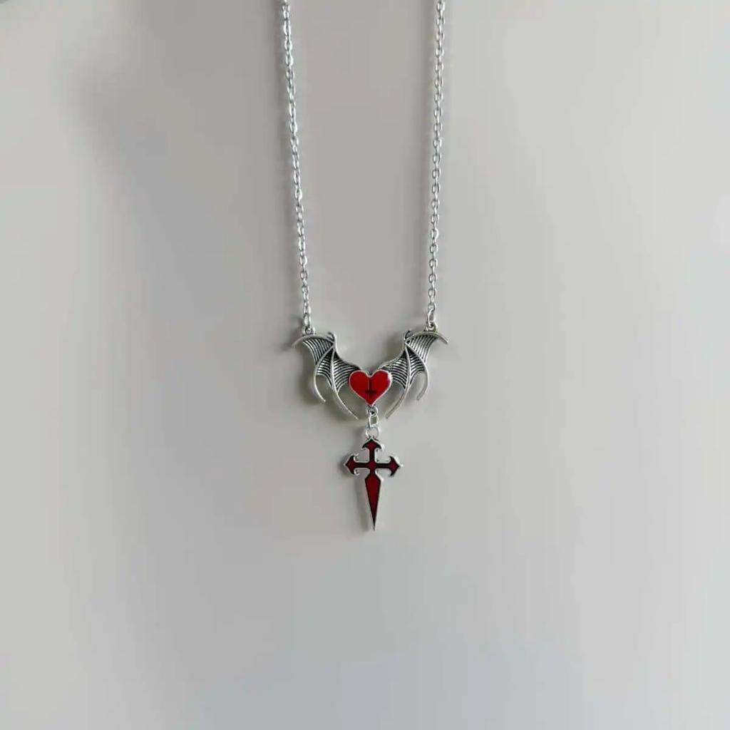 Punk Cross Bat Necklace,Gothic Jewelry,Vampire Accessories,Witchcraft,Blood Cross,Pagan,Vintage,Bat Wings Heart,Choker for Women