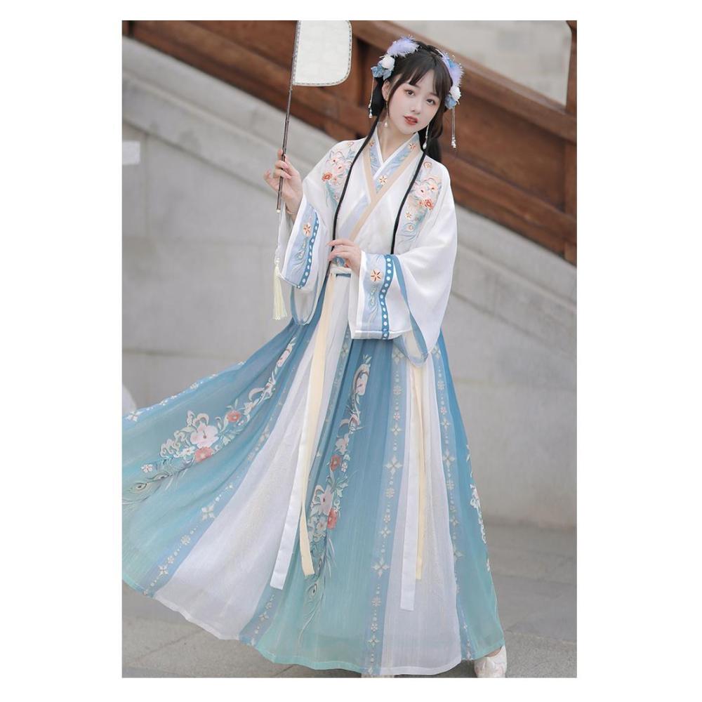 Chinese Wei And Jin Dynasties Style Hanfu Printed Collar Blouse And Waist-length Skirt Women's Suit