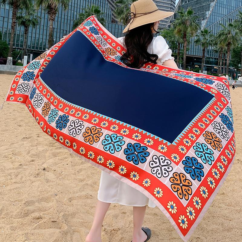 180Cmflower Printed Silk Scarf Ethnic-Style Twill Cotton Scarf Multi-Functional Travel Sun Protection Shawl Women'S Headscarf