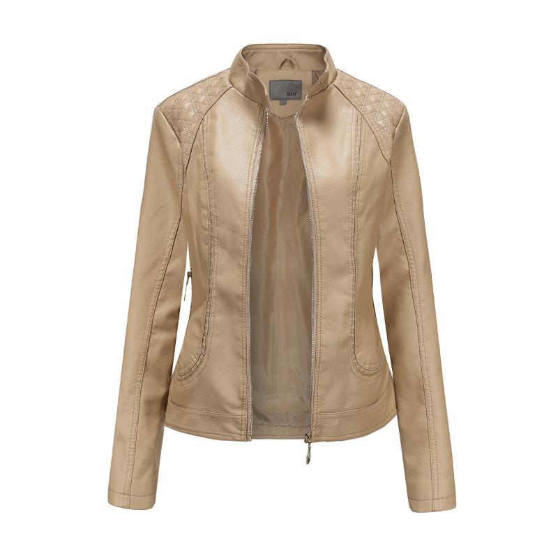 Giacca in pelle da donna alla moda, con colletto alto, in pelle PU, giacca in pelle da donna, cappotto in pelle da donna