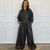 Women's Lapel Long Sleeve PU Leather Jumpsuit High Waist Belted Wide Leg Oversized Solid Black Leather Romper With Pockets