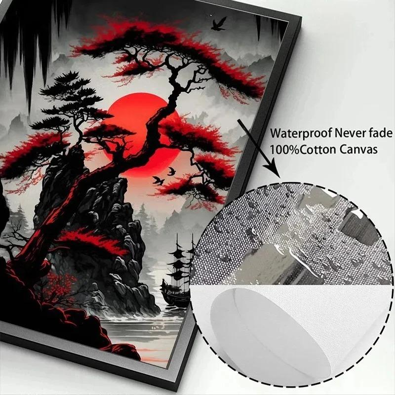 Leinwandmalerei Japanische Naturlandschaft Berg Tempel Leinwandposter Vintage Schwarz Rote Tuschekunst Wandkunst Drucke Heimdekor