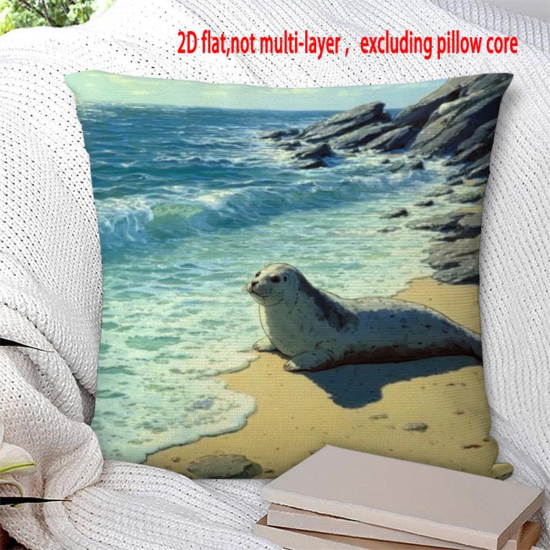 pc D Flat Pillow Not Included Seal Beach Ocean Waves Rocky Shore Cushion Cover Plush Coastal Decor Summer Vibe Case