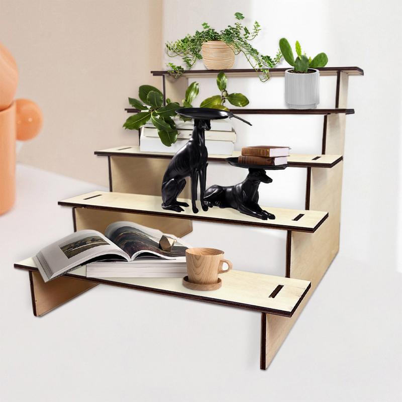 5 Tier rustic Wooden Ladder Display Riser Shelf Figure Display Cabinet Cute Dolls Storage Box Makeup Organizer For Perfume