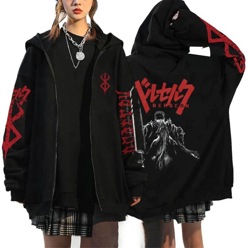 Womens Berserk Anime Print Zip-Up Hoodie Casual Loose Sweatshirt