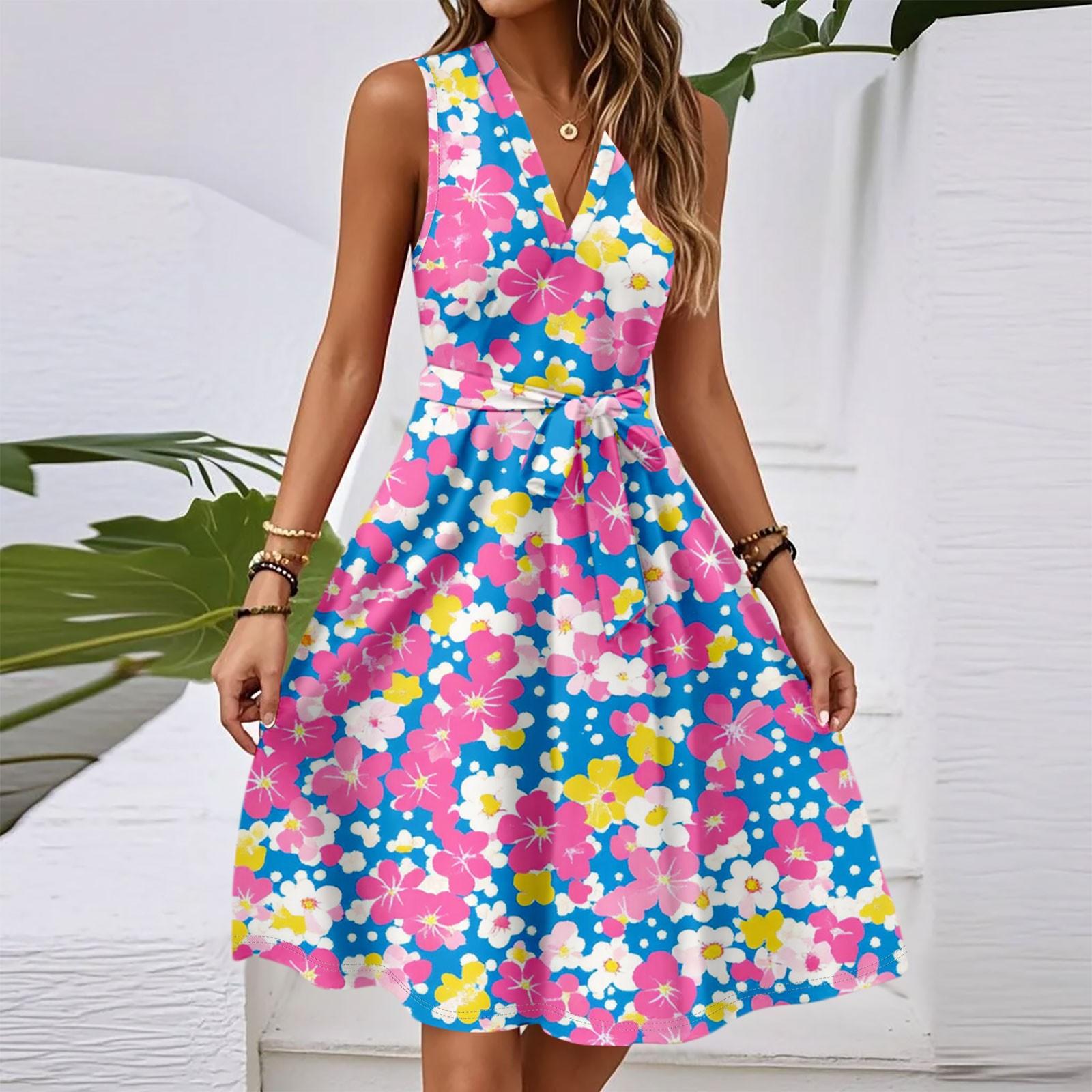 

Женское весенне-летнее повседневное платье миди с V-образным вырезом без рукавов и цветочным принтом на талии M розовый