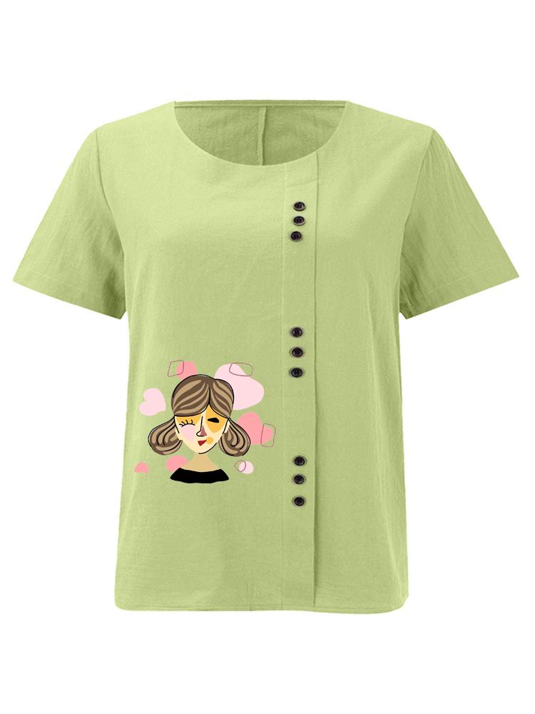 

Women s Fashion Abstract Lady Print Shot Sleeve T-shirt Loose Cotton Shirt Casual Loose Summer Blouse Tops Plus Size 5XL зелений