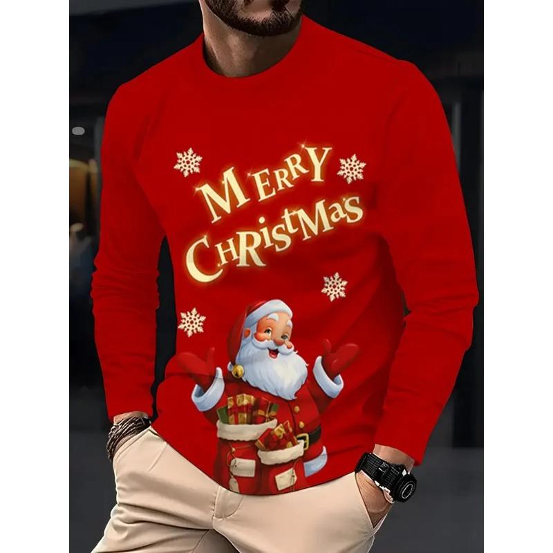 3D Printed Snowman Graphic Long Sleeve T-Shirts Fashion Santa Clause Pattern O-Neck Pullover Men's Christmas Elements Casual Tops
