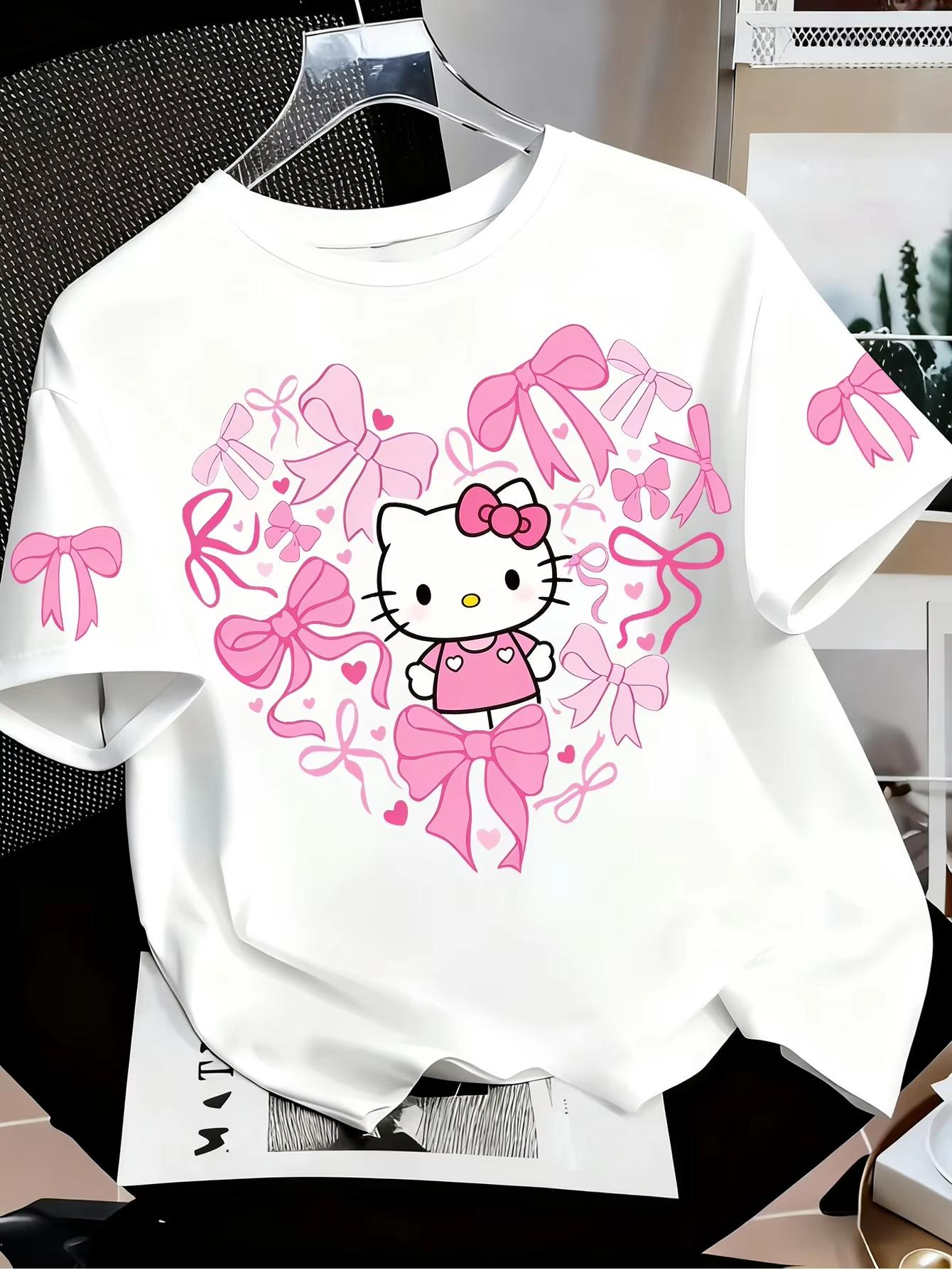 Летняя футболка 2026 года Hello Kitty с принтом в виде банта-сердечка, 100% хлопок, для взрослых и детей, Y2k S