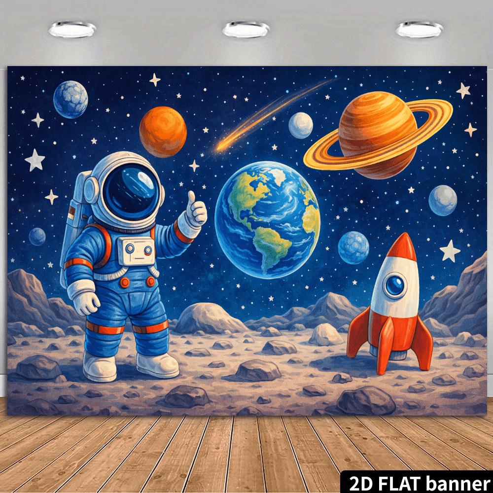 2D plane blue spacesuit astronaut background fabric. Cartoon astronaut wearing blue spacesuit giving a thumbs-up gesture. 100x150cm