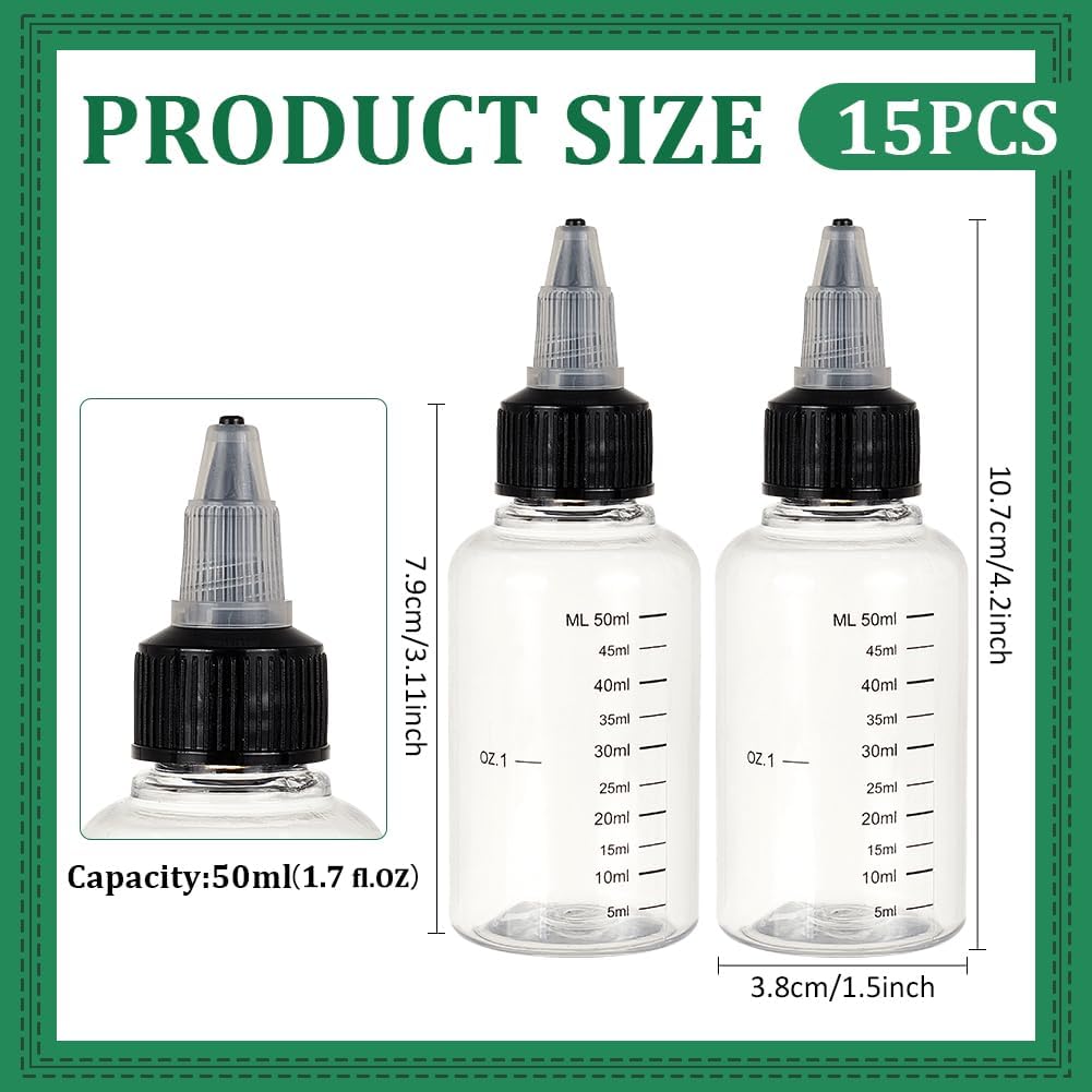 BENECREAT 15 Pack 50ml Transparent Plastic Dispensing Bottle with Twist Cap and Graduated Measurement for Liquids, Inks, Oils, Arts and Crafts
