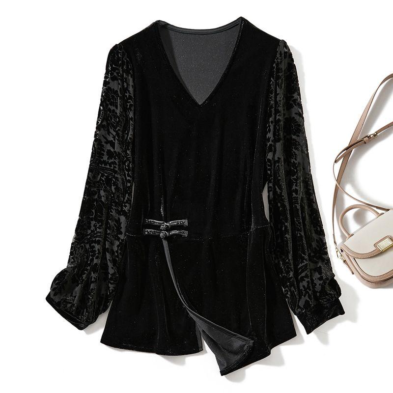 

Goddess Advanced Bi Standby! Women s V-neck Double Hem Skirt Tencel Cotton T-shirt Autumn and Winter Undershirt Slim Looking Flocking Yarn Sleeve Black L