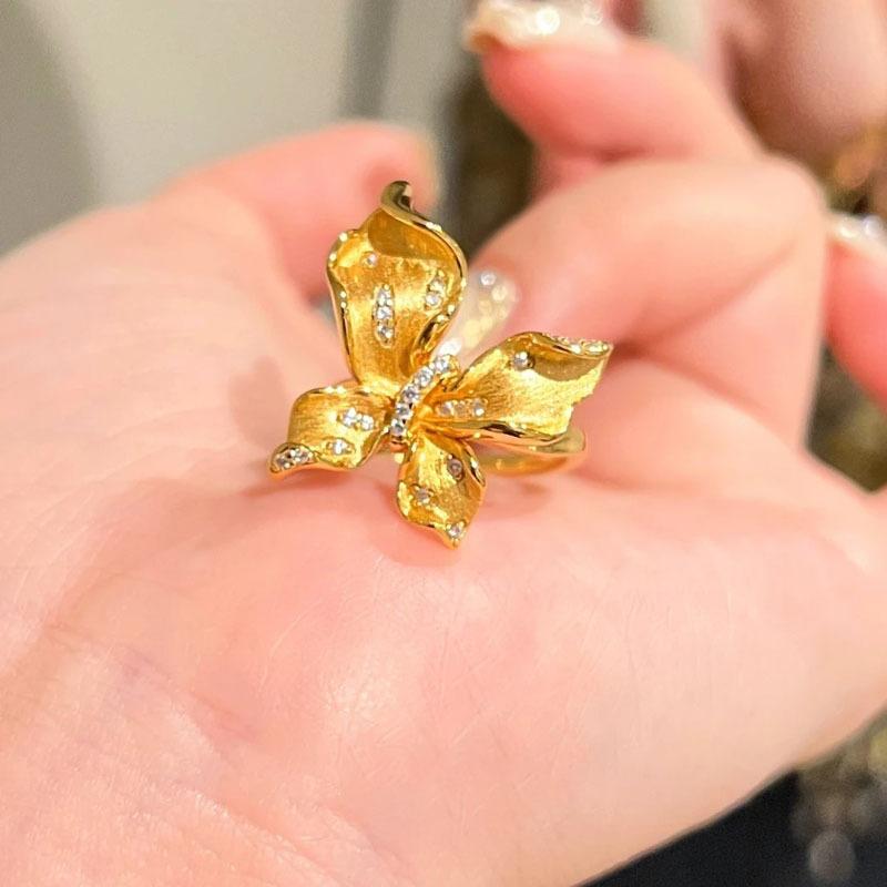 New Chinese court style brushed zircon butterfly flower ring exquisite simple retro ring