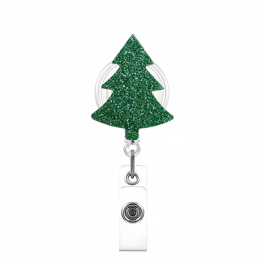 Glitter Acrylic Christmas Tree Retractable Badge Reel Clip Rotatable ID Name Card Buckle Holders Xmas Gift for Nurse Doctors