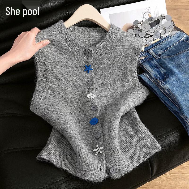 Women s Round Neck Wool Blend Knitted Vest One Size