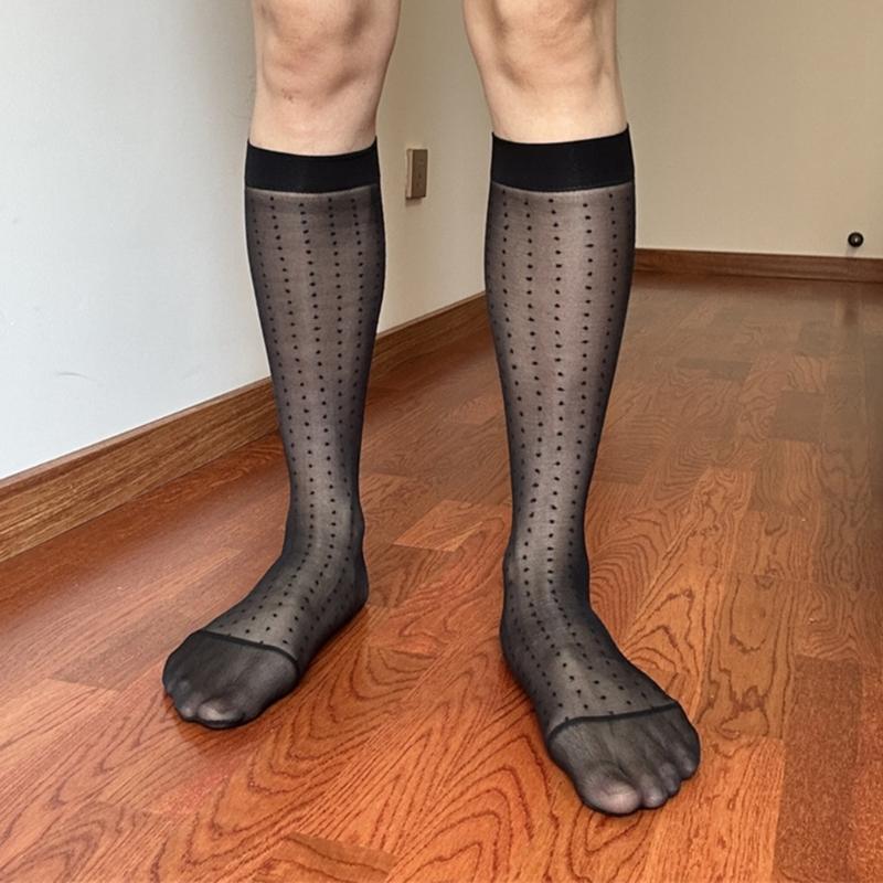 Men's Fashionable Sheer Over the Calf Long Socks Breathable See Through Dot Pattern Dress Suit Socks for Business Wear