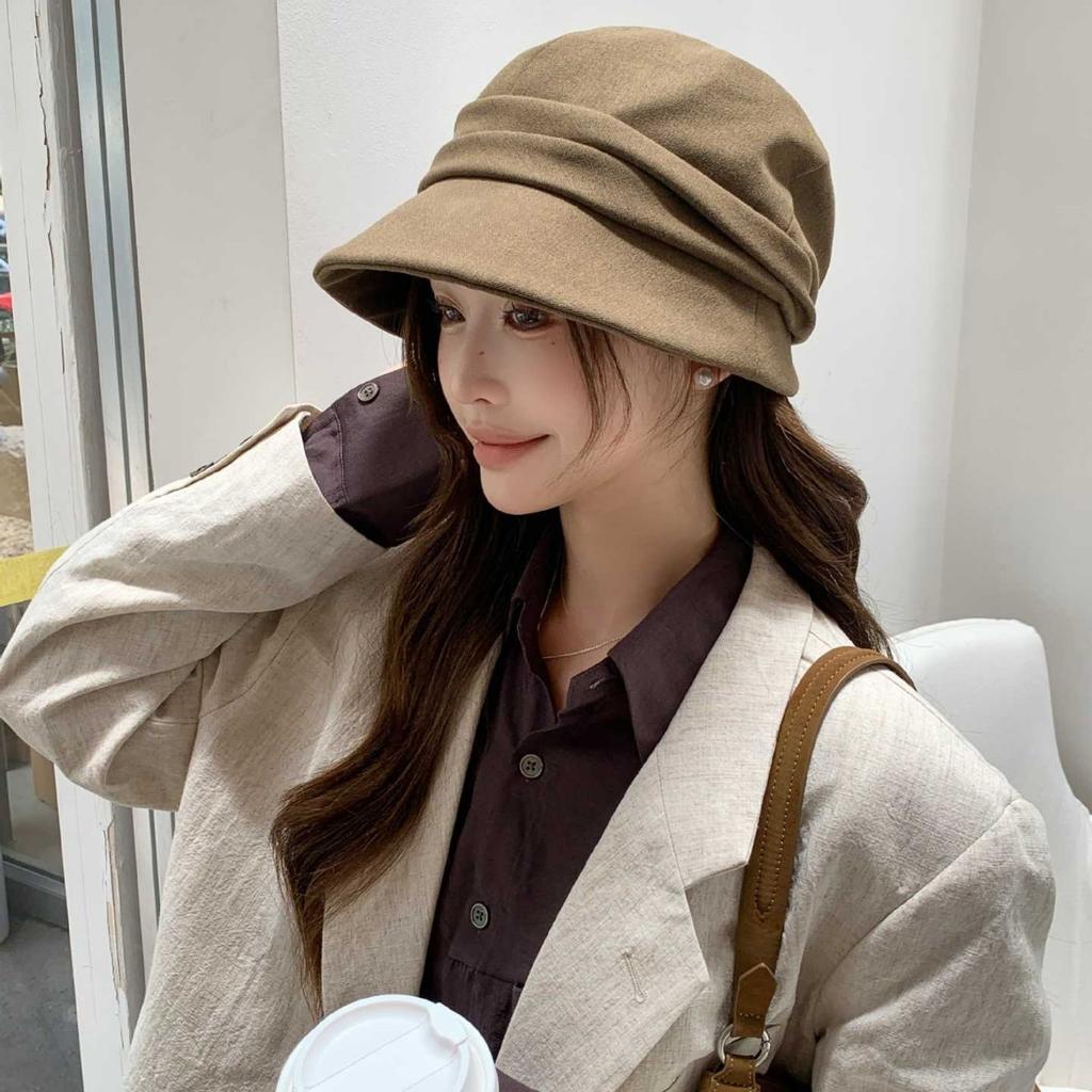 Small octagonal bucket hat for women, warm in autumn and winter, plain face mask, elegant and versatile sun hat