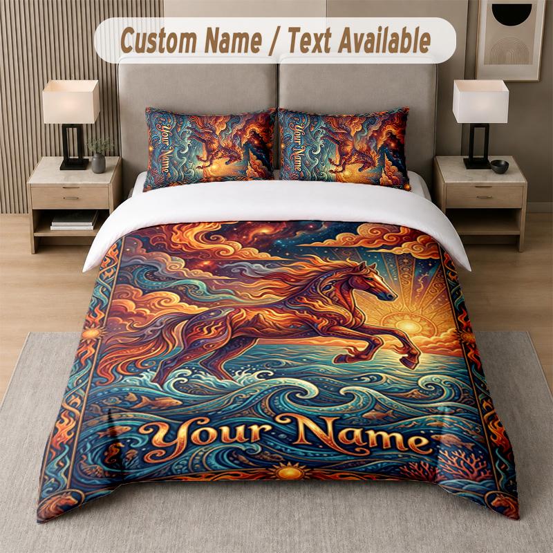 Horse Theme Custom Text Or Name 3Pcs Bedding Set 1 Flat Sheet & 2 Pillowcases Personalized Home Bedding