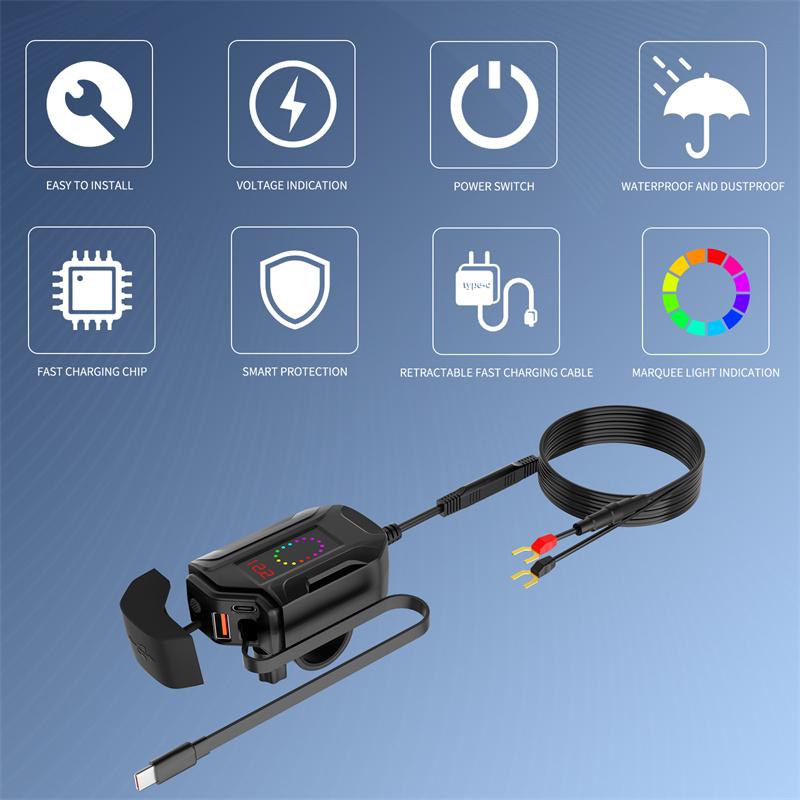 Digital 78W Pd30W+Qc3.0 Motorcycle Usb Charger With Retractable Cable Quick Phone Charger With Voltmeter & Independent Switch