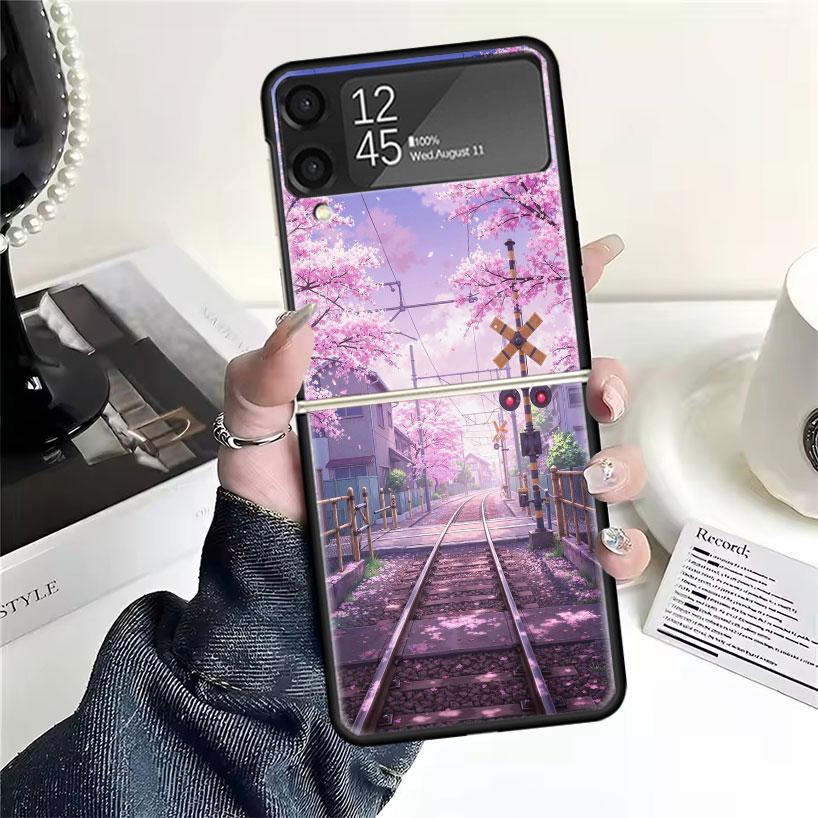 Retro Japanese Sakura Train Cases For Samsung Galaxy Z Flip 4 5 6 7 3 Z Flip7 Flip6 Flip4 Flip5 Flip3 5G Hard Shockproof Fundas