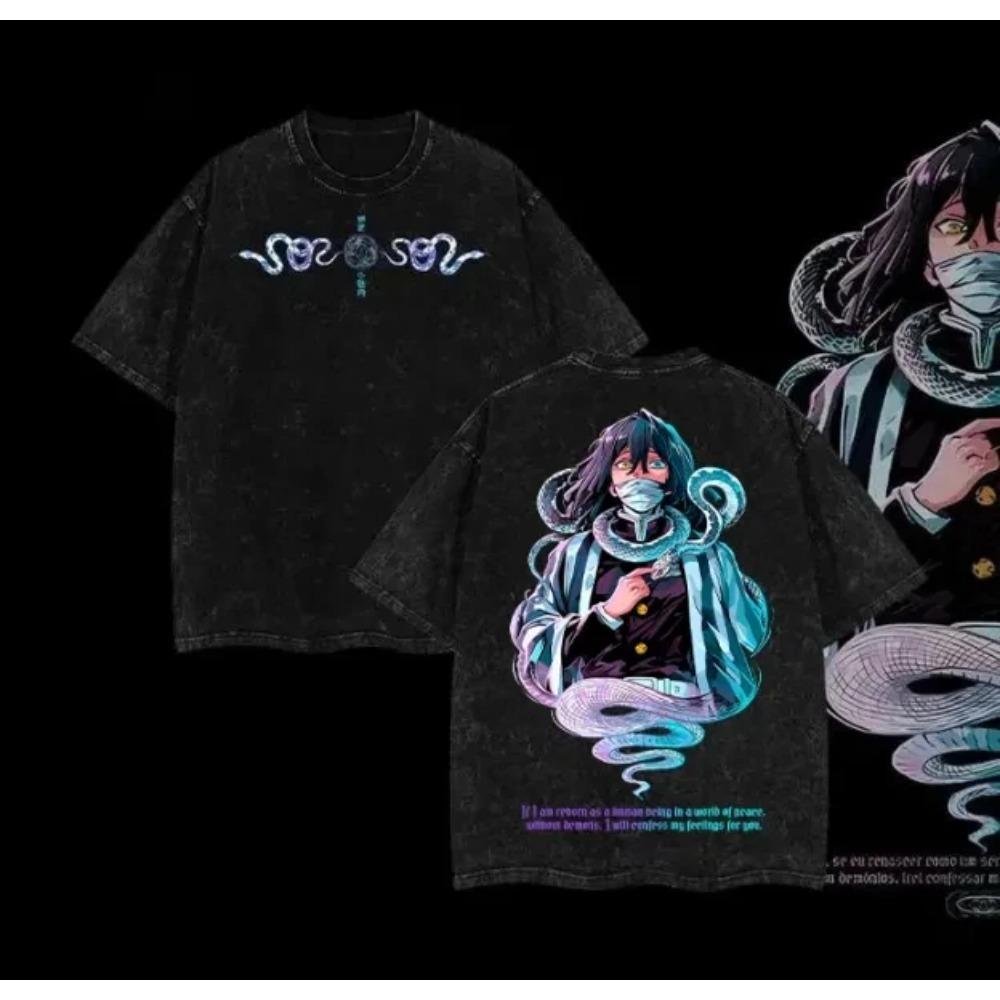 Hot Anime Demon Slayer Iguro Obanai Graphic T-shirt Men Washed Cotton Tshirts Casual Loose T Shirt Harajuku Male Vintage Tops